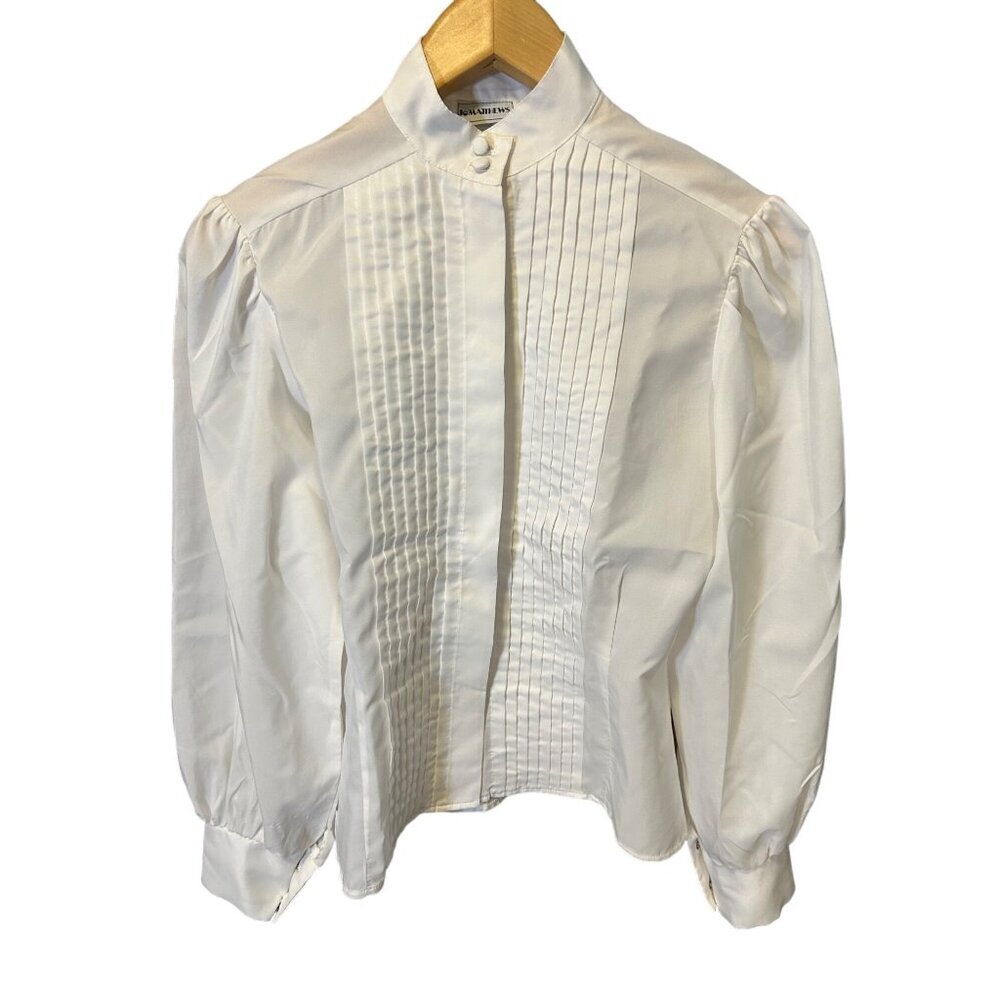 Vintage Jo Matthews Pleated Button Up Blouse Long Sleeve White Top Size M